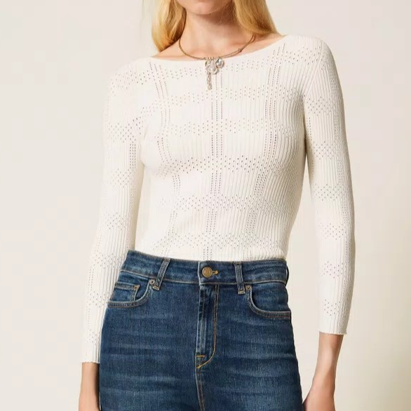 1TS0319-073 [TWINSET] Ribbed Jumper with Check Pattern White Snow #261TP3401 (C-EU-E)