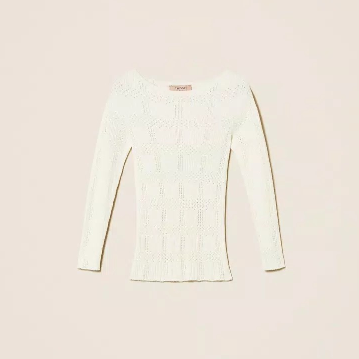 1TS0319-073 [TWINSET] Ribbed Jumper with Check Pattern White Snow #261TP3401 (C-EU-E)