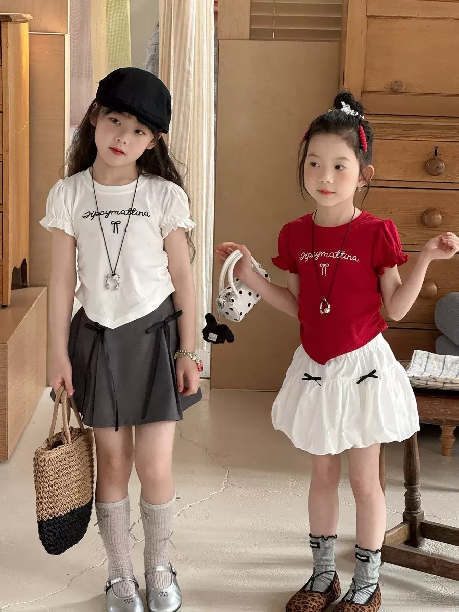 三色泡泡袖不規則蝴蝶結上衣