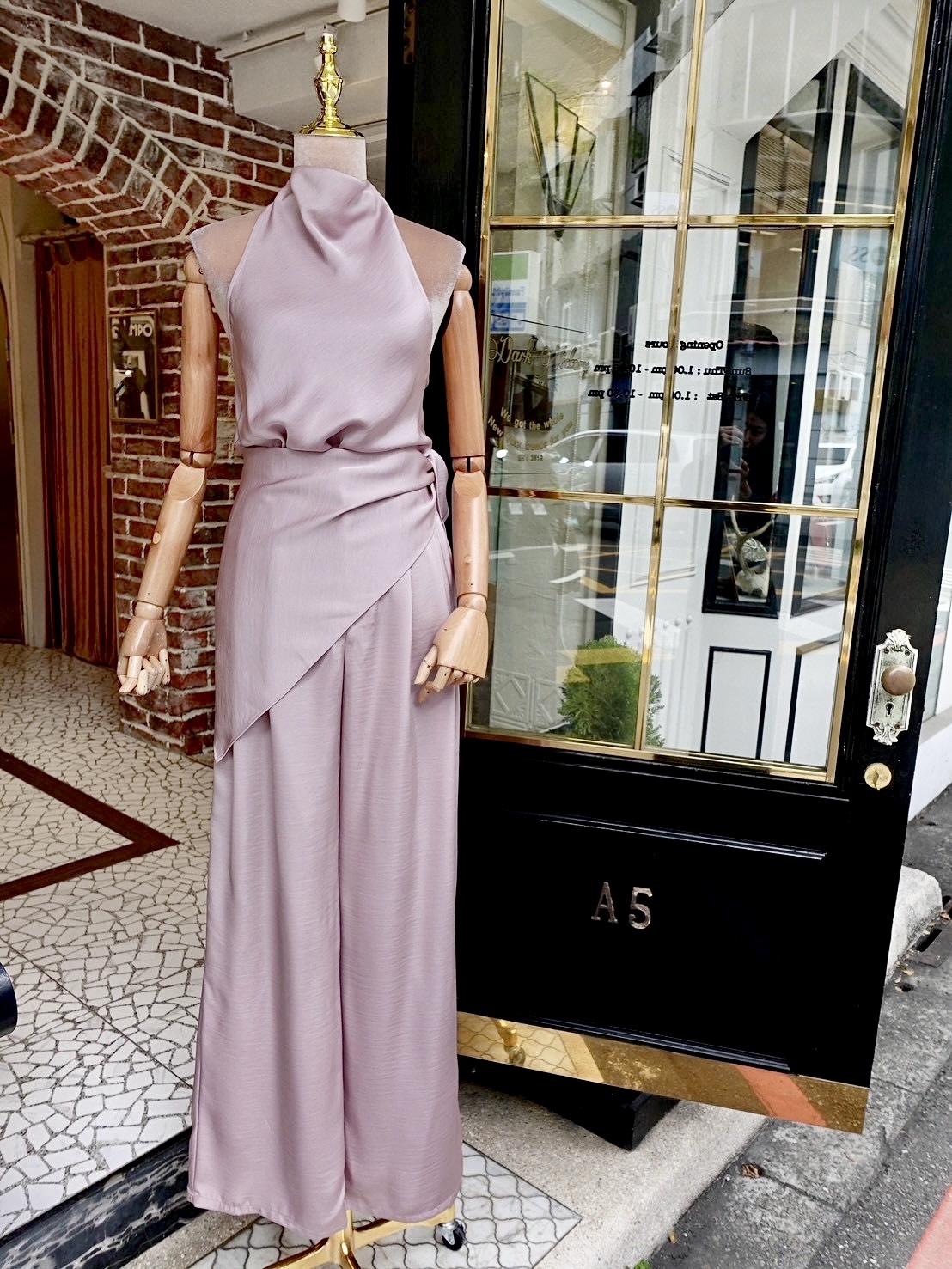 Mauve淡粉桃色緞面連身衣+頭巾+長褲 3件式套裝