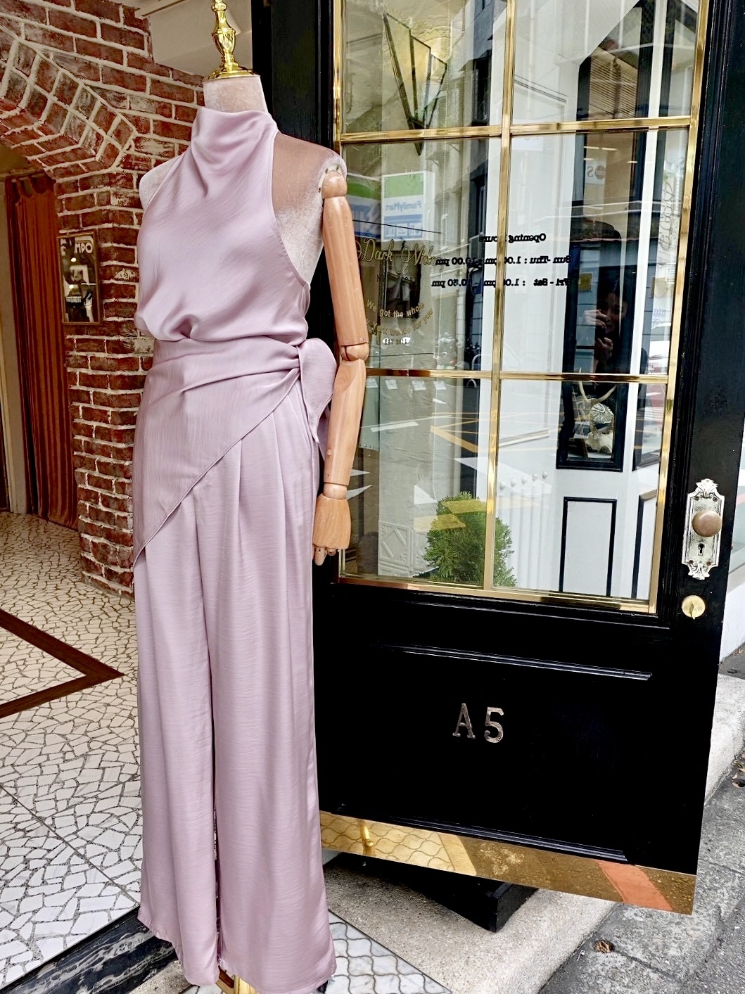Mauve淡粉桃色緞面連身衣+頭巾+長褲 3件式套裝