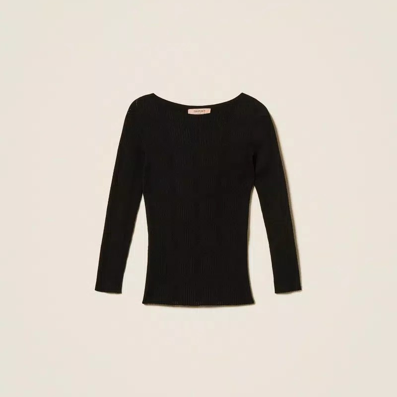 1TS0319-072 [TWINSET] Ribbed Jumper with Check Pattern Black #261TP3401 (C-EU-E)