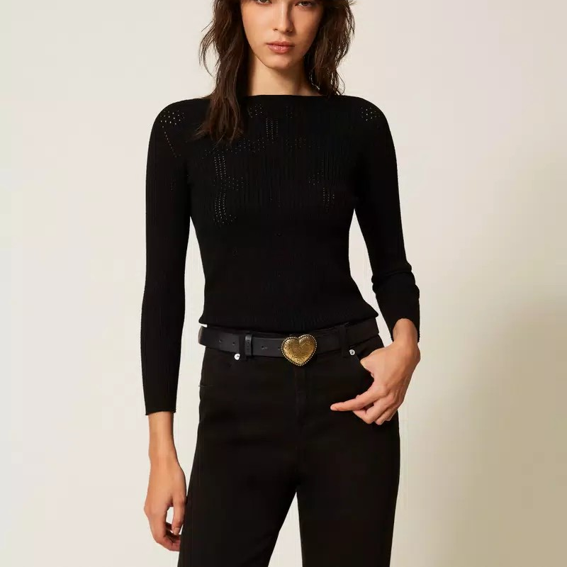 1TS0319-072 [TWINSET] Ribbed Jumper with Check Pattern Black #261TP3401 (C-EU-E)