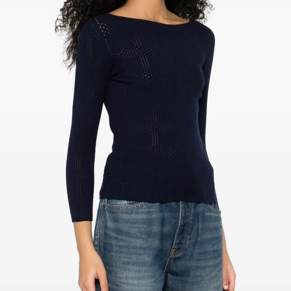 1TS0319-071 [TWINSET] Ribbed Jumper with Check Pattern Blue Night #261TP3401 (C-EU-E)