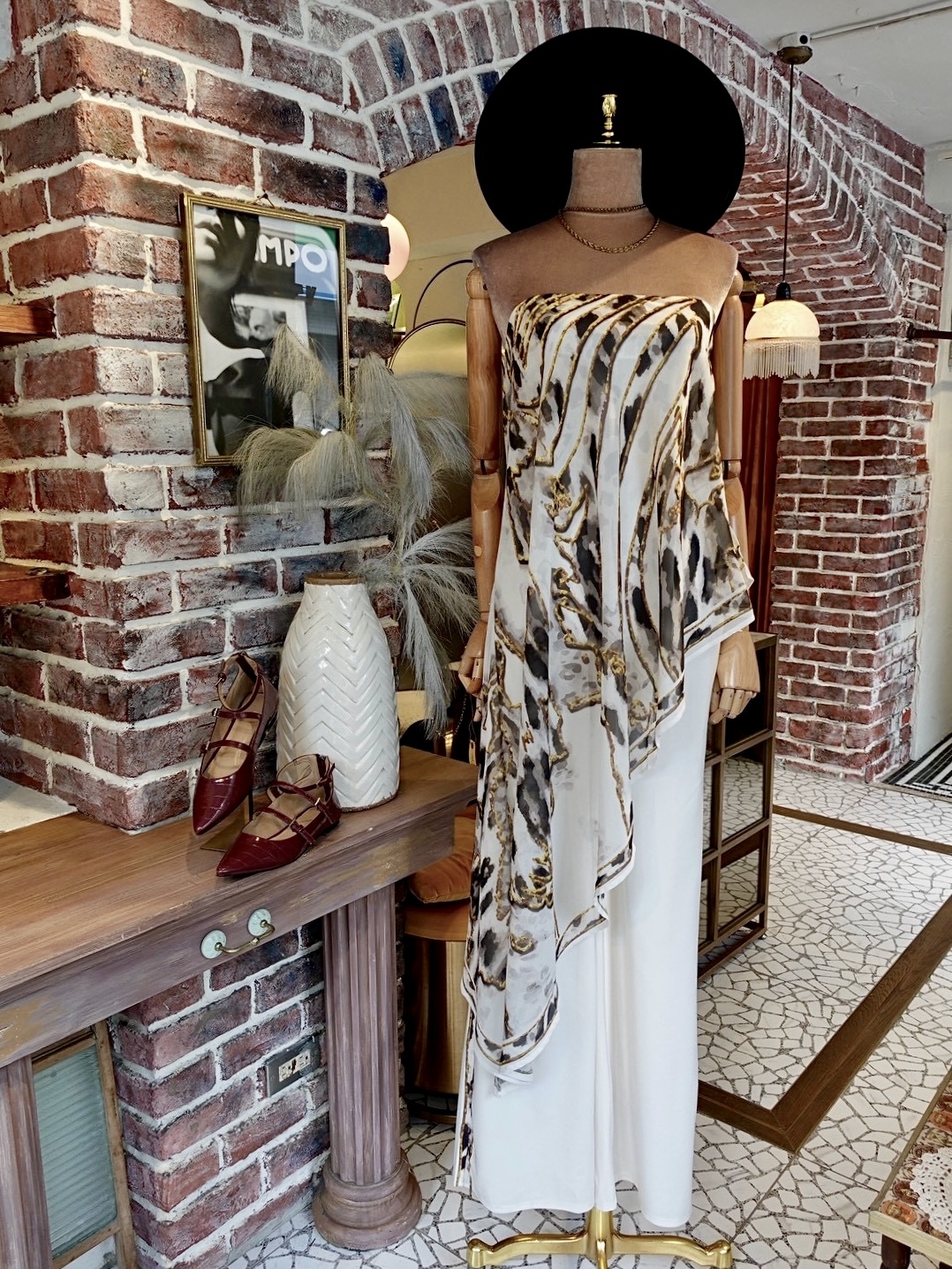 White Gold白金色豹紋紗垂墜連身長褲