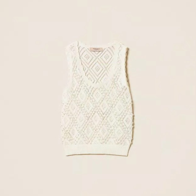 1TS0319-069 [TWINSET] Diamond Pattern Knit Top with Pearls #261TP3202 (C-EU-E)