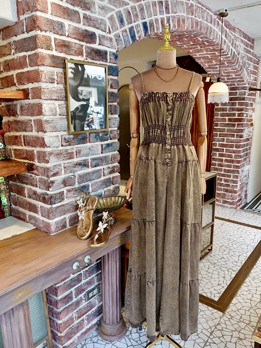 Chocolate巧克力色水洗彈性鈕扣連身長寬褲 Jumpauit