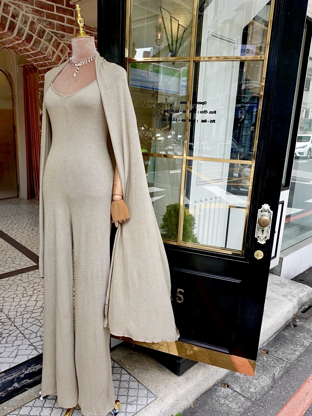 Olive橄欖淺褐色針織連身長 褲+披肩套裝