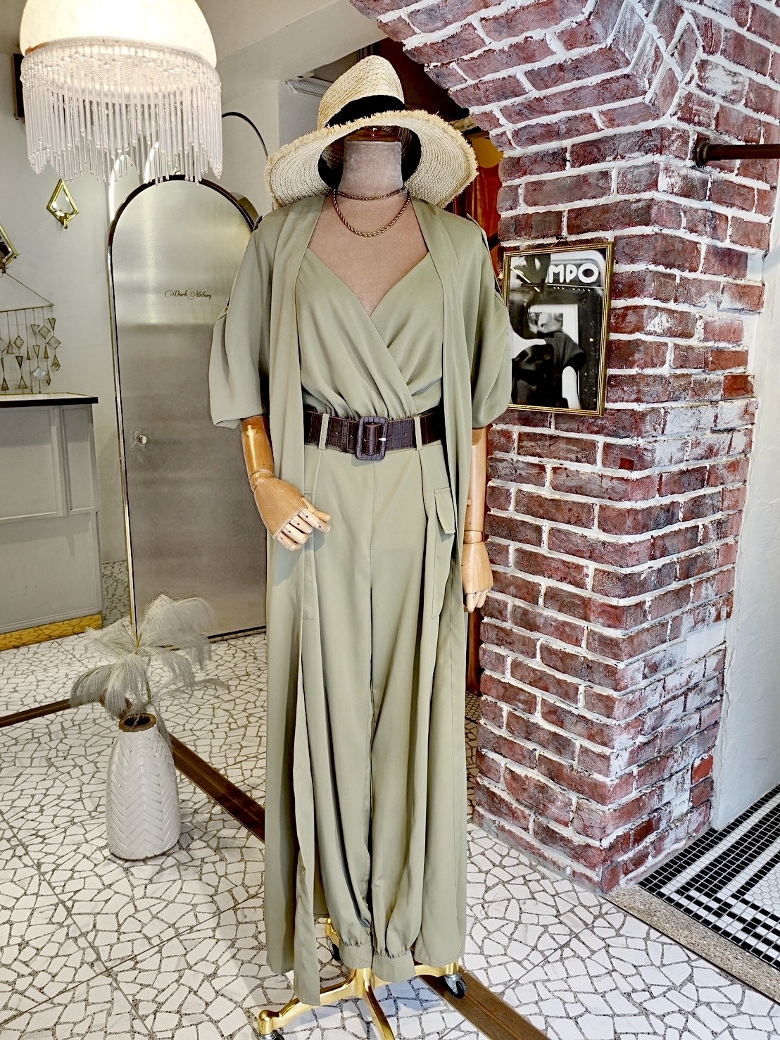 Olive淺橄欖綠色縮口連身長褲+長夾克套裝