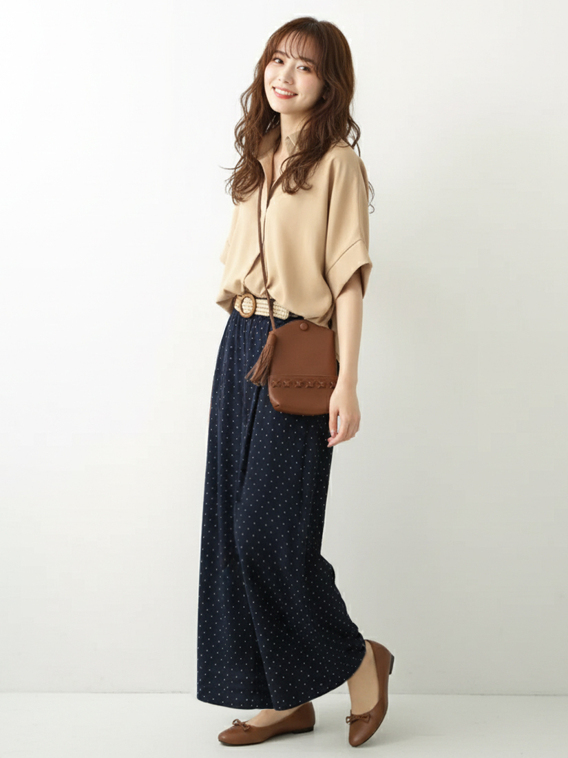 反摺短袖上衣棉麻感點點印花九分寬褲組合