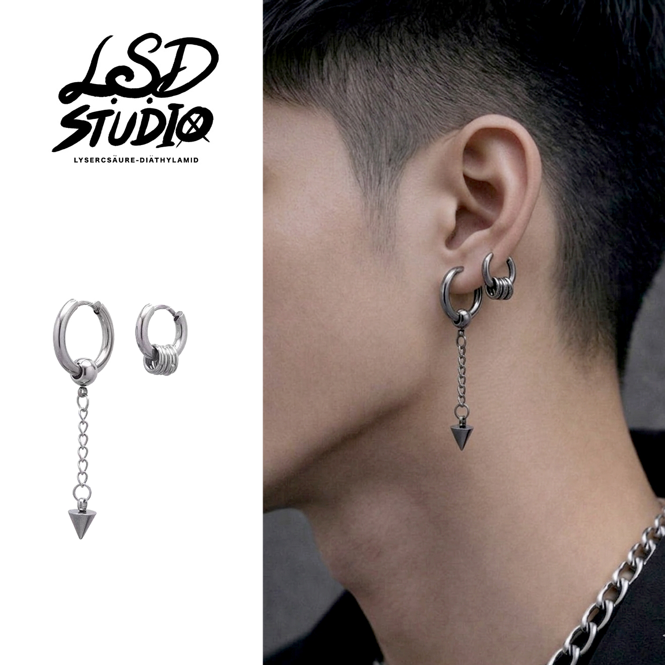 不對稱設計|重工鏈墜雙圈耳環【ACCB6】