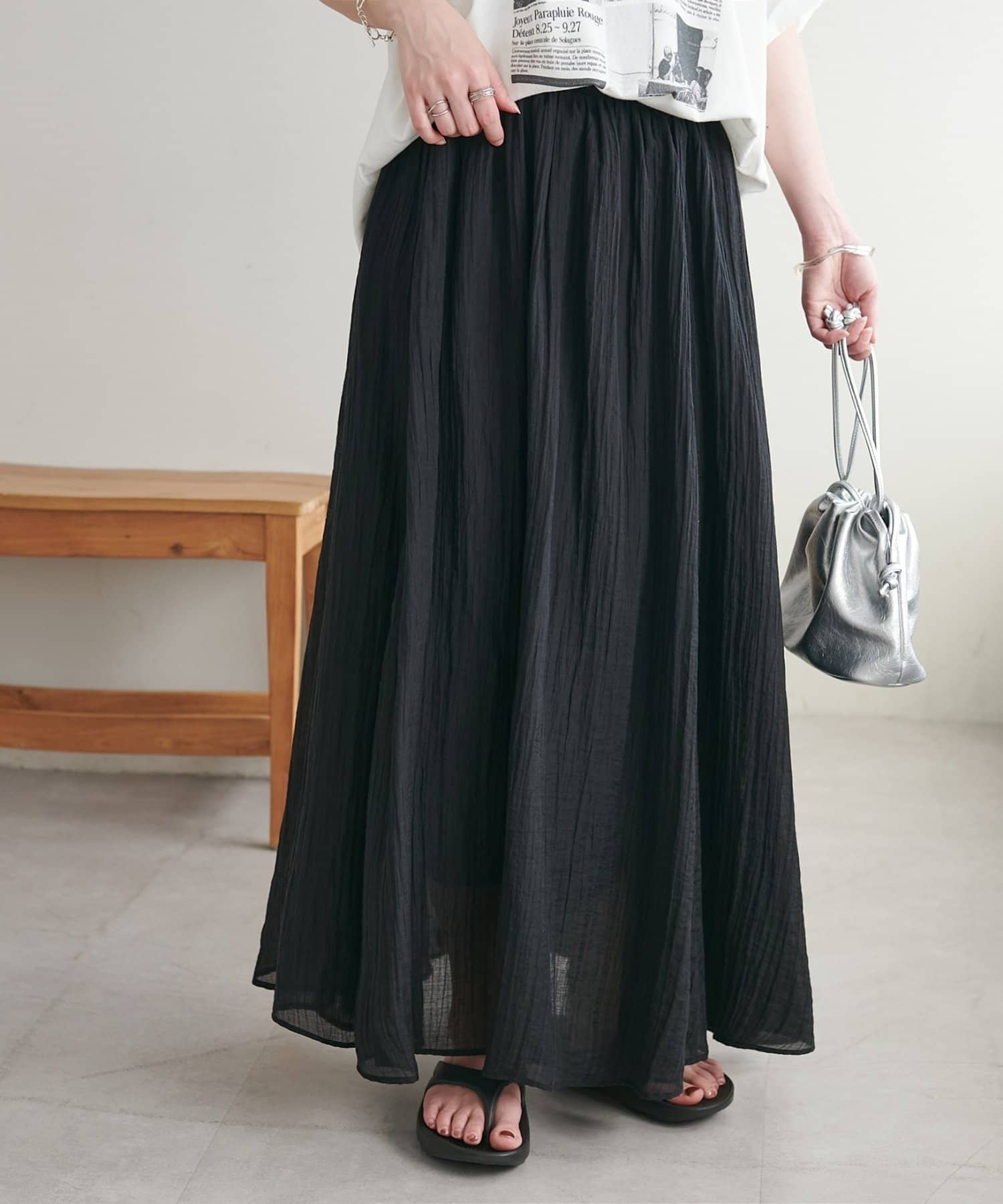 DISCOAT(ディスコート)  【WEB限定】シアーギャザーフレアスカート黑（DCZ1061201A0003）