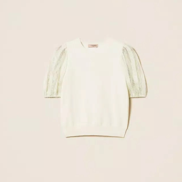 1TS0319-061 [TWINSET] Short Sleeve Jumper with Lace Mother Of Pearl #261TP3431 (C-EU-E)