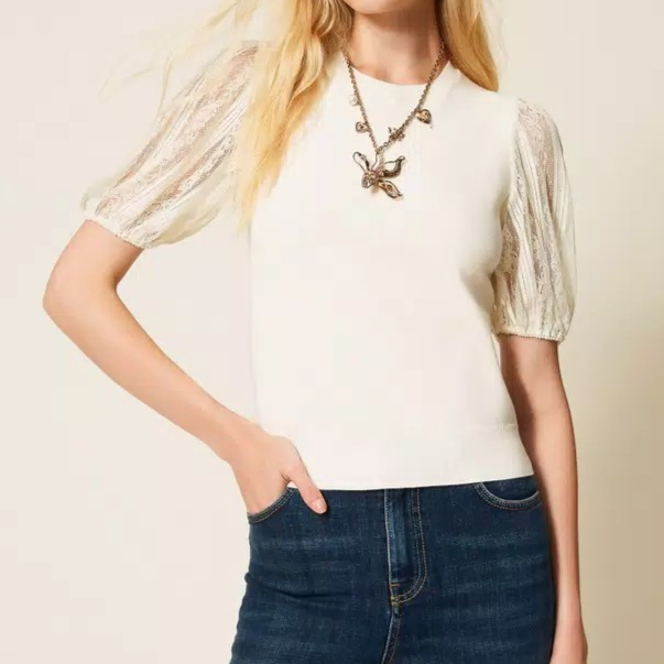 1TS0319-061 [TWINSET] Short Sleeve Jumper with Lace Mother Of Pearl #261TP3431 (C-EU-E)