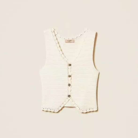 1TS0319-060 [TWINSET] Knit Waistcoat with Crochet Detail Beige #261TP3077 (C-EU-E)