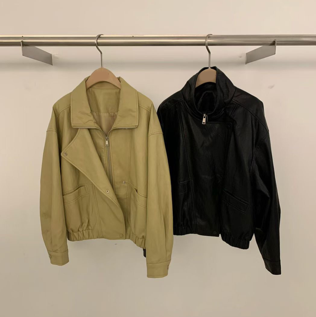 不對稱領片造型拉鍊PU皮革外套皮衣 / 2色