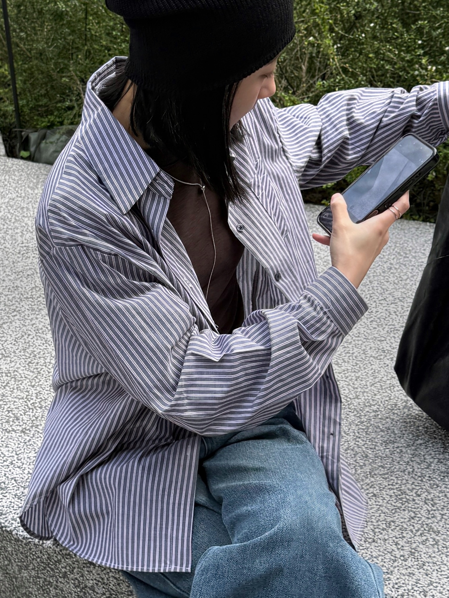 慵懶寬鬆直條紋上衣 (灰色)