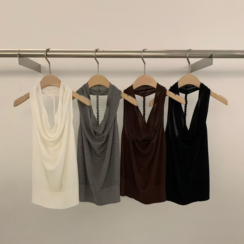 繞脖削肩後T字編織針織背心上衣 / 4色