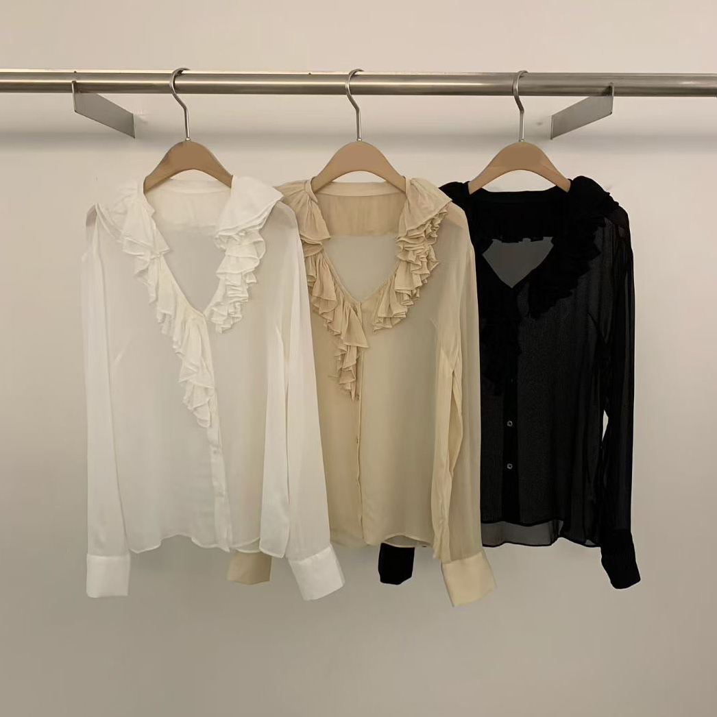 雙層荷葉領片滾邊V領造型雪紡上衣 / 3色