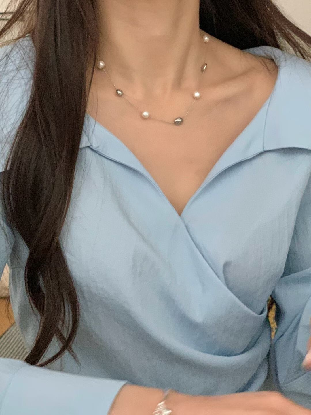 不規則米粒銀珠珍珠排列造型項鍊