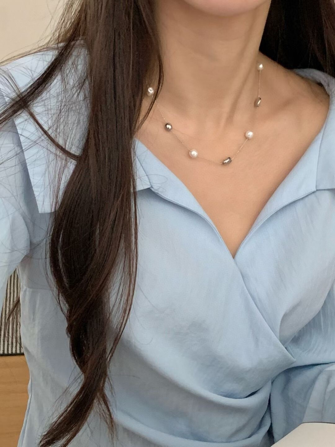 不規則米粒銀珠珍珠排列造型項鍊