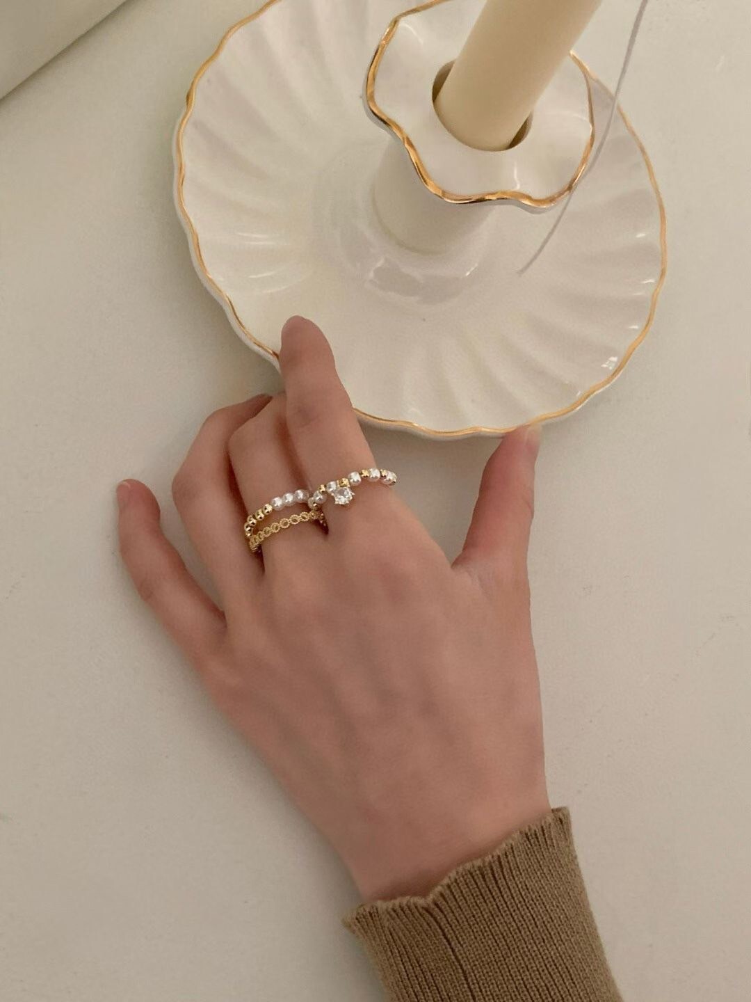 質感金配色單鑽戒指三件組SET