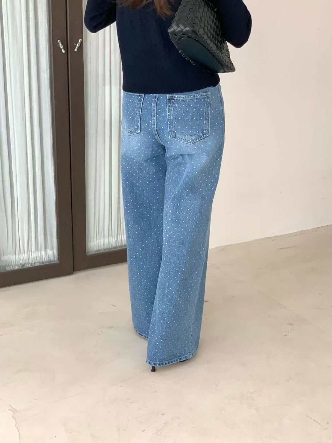 復古配色點點微刷色牛仔直筒褲-S-L