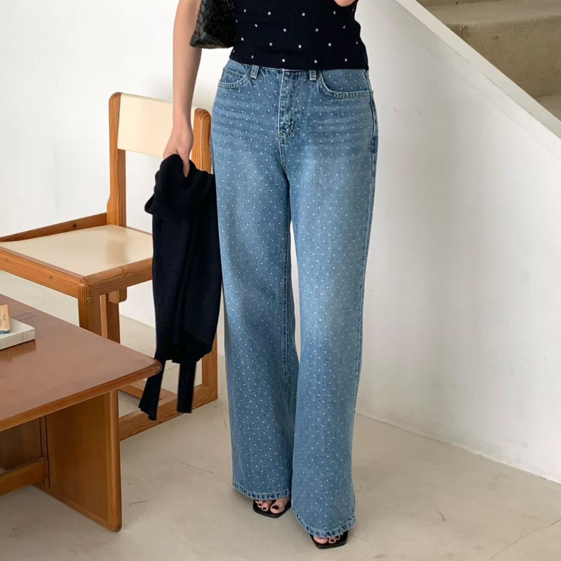 復古配色點點微刷色牛仔直筒褲-S-L