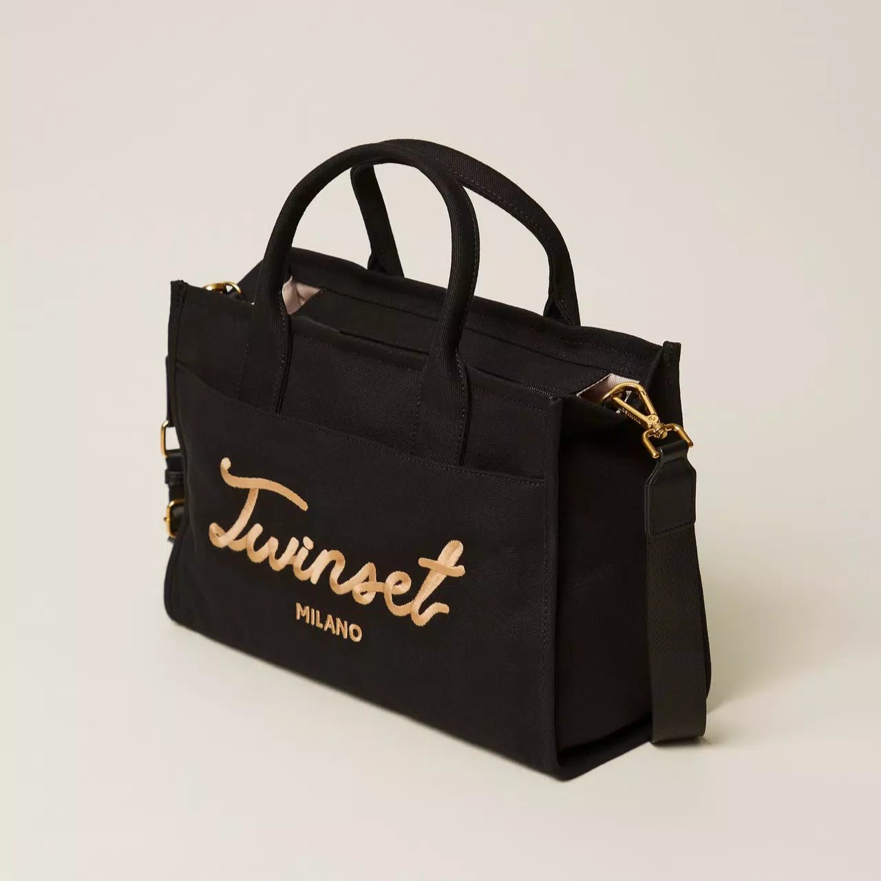 1TS0319-053 [TWINSET] Canvas Shopper Bag with Logo Black #261TB7291 (B-EU-E)