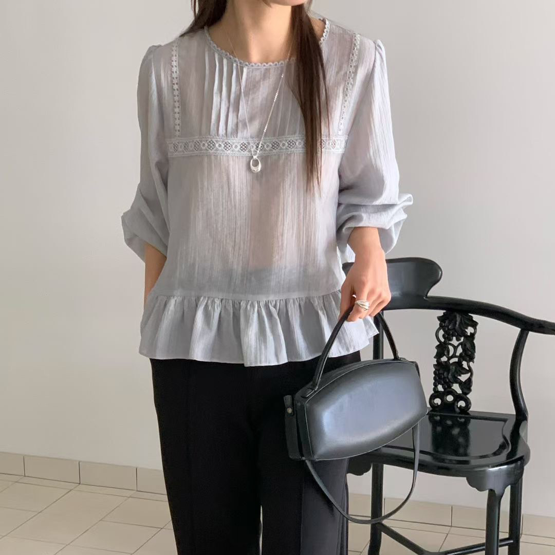 宮廷風滾邊壓摺感荷葉下擺圓領上衣 / 2色