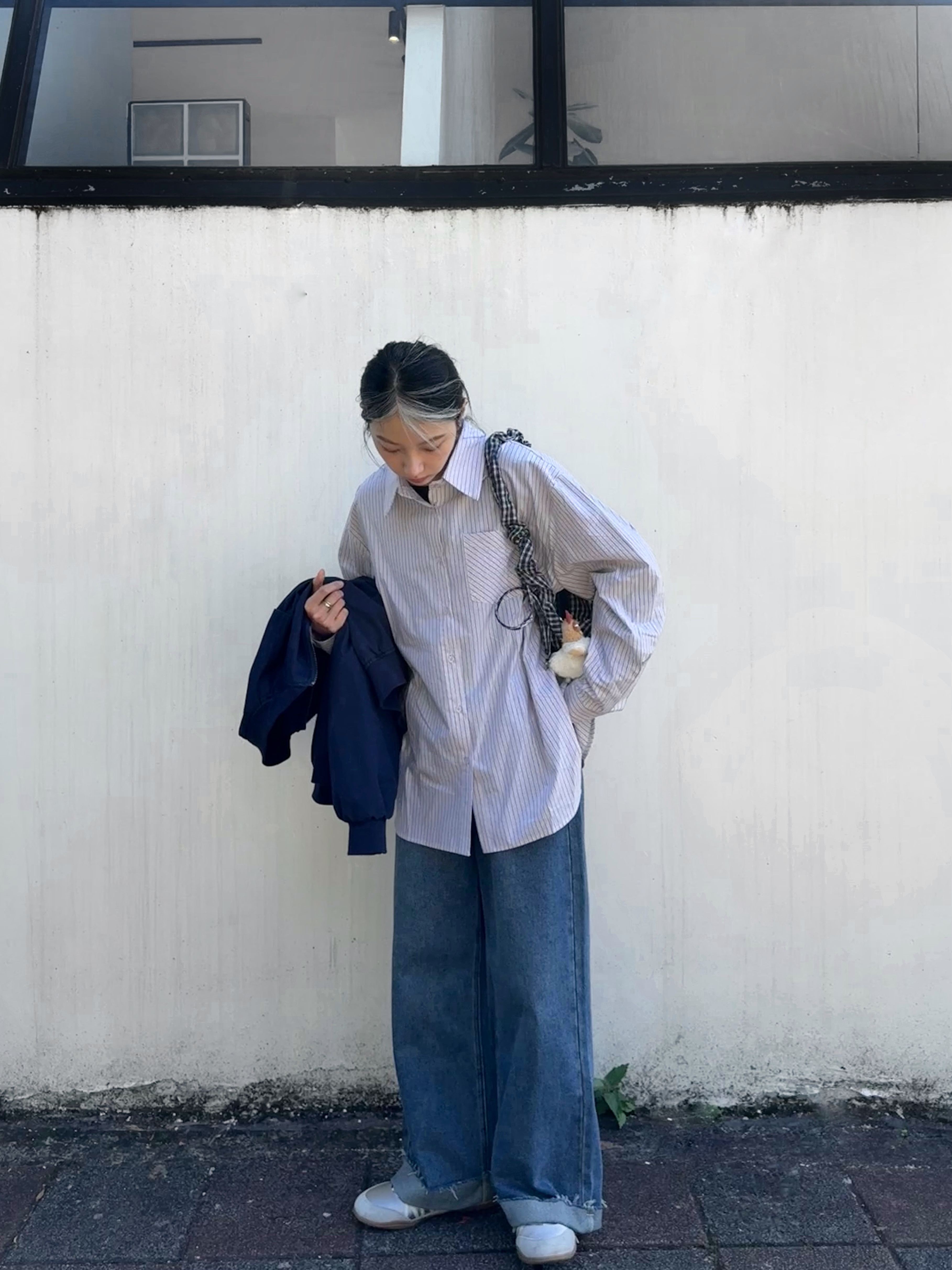 慵懶寬鬆直條紋上衣 (杏白)