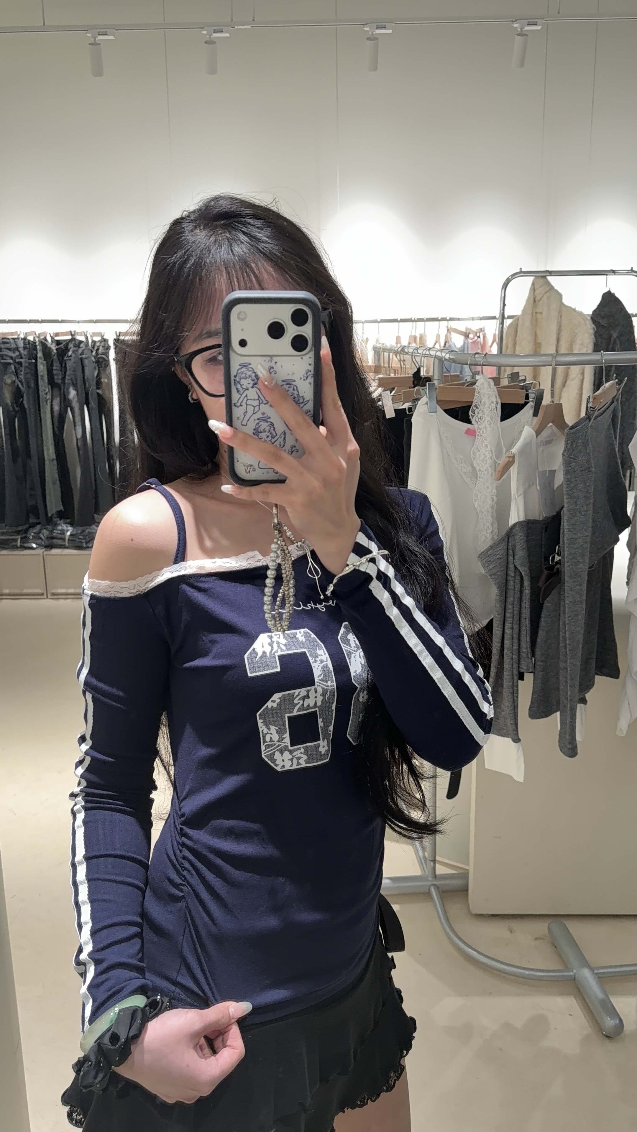 美式復古蕾絲拼接收腰上衣（彈性超讚)