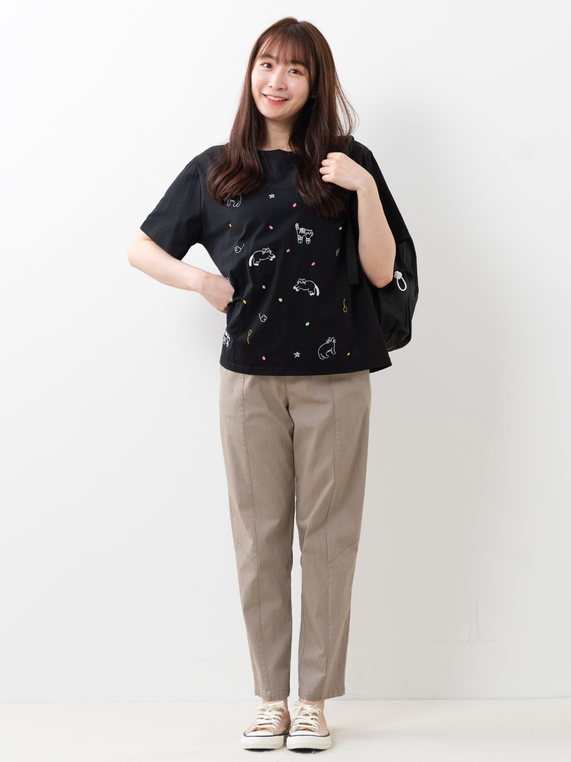 貓咪刺繡上衣貓咪口袋竹節棉九分褲組合