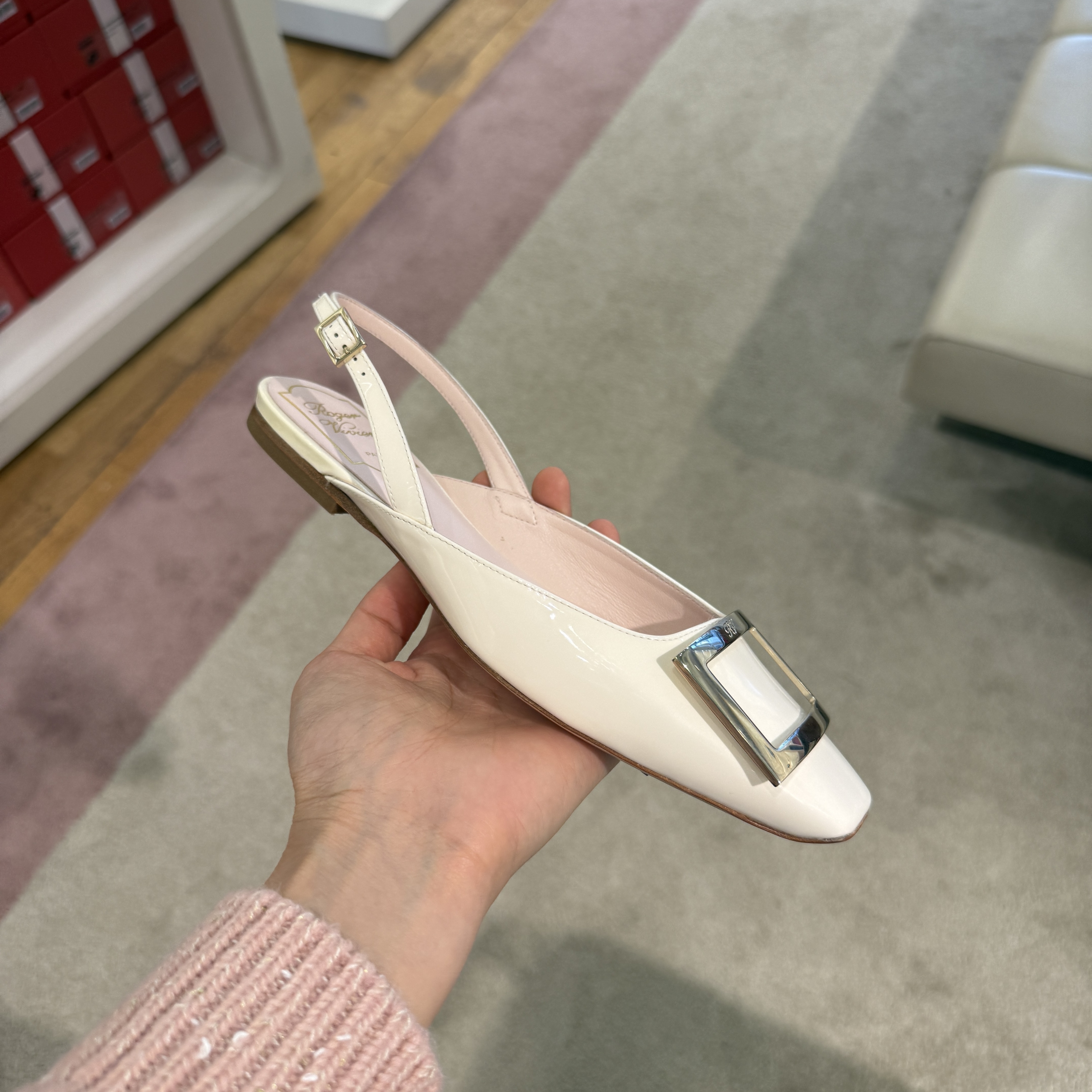 Roger Vivier RV trompette slingback flats patent white