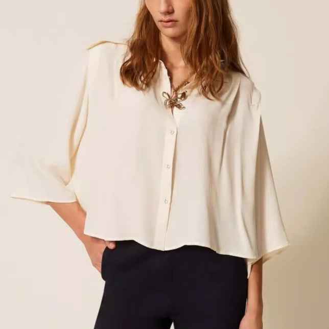 1TS0319-048 [TWINSET] Crepe De Chine Cropped Shirt Mother Of Pearl #261TP2460 (C-EU-E)