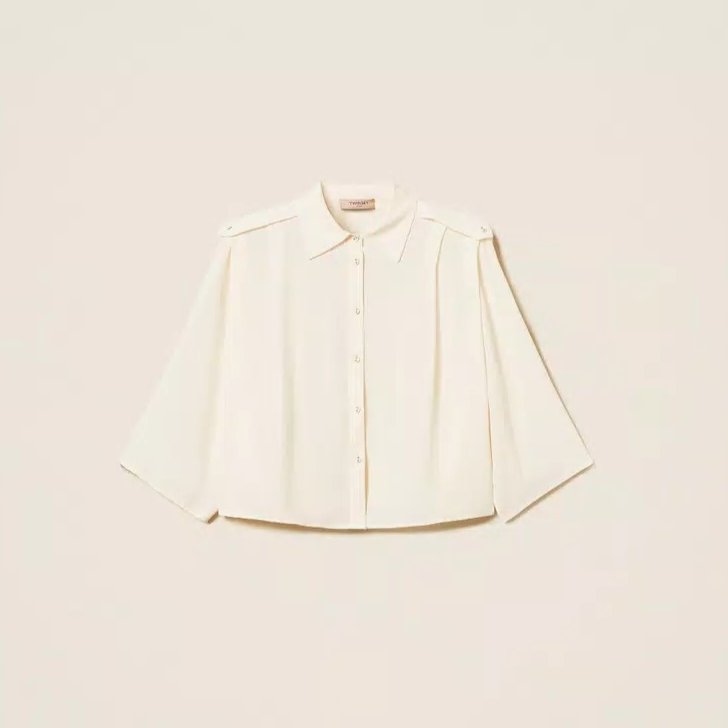1TS0319-048 [TWINSET] Crepe De Chine Cropped Shirt Mother Of Pearl #261TP2460 (C-EU-E)