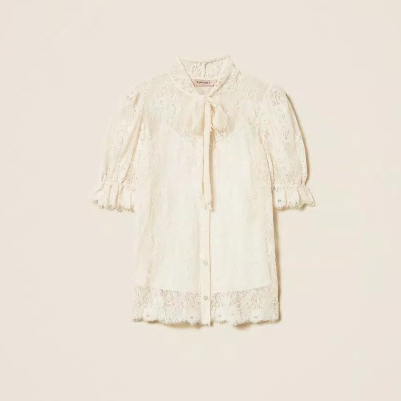 1TS0319-047 [TWINSET] Lace Shirt with Bow Mother Of Pearl #261TP2625 (C-EU-E)