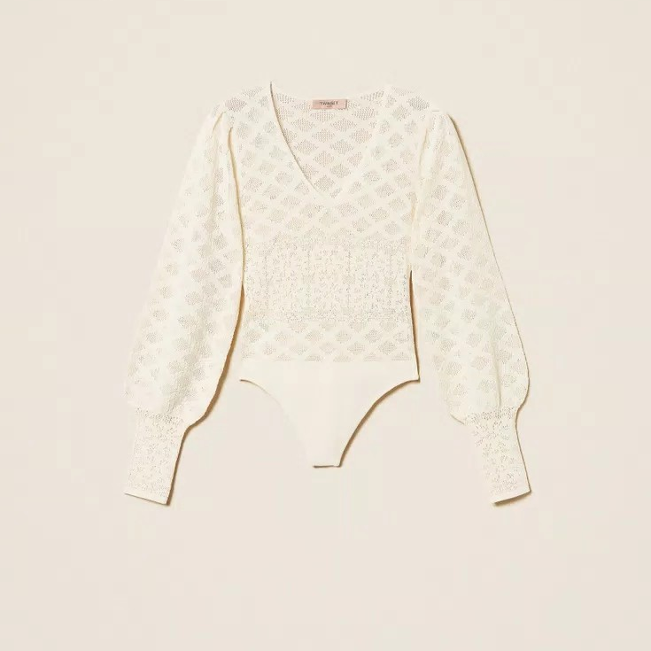 1TS0319-046 [TWINSET] Knit Bodysuit with Floral Detail Mother Of Pearl #261TP3261 (C-EU-E)