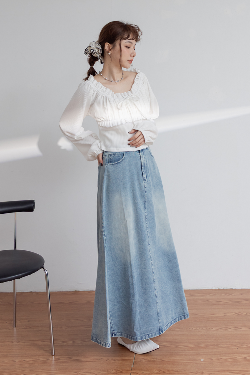 復古A字圓擺牛仔長裙