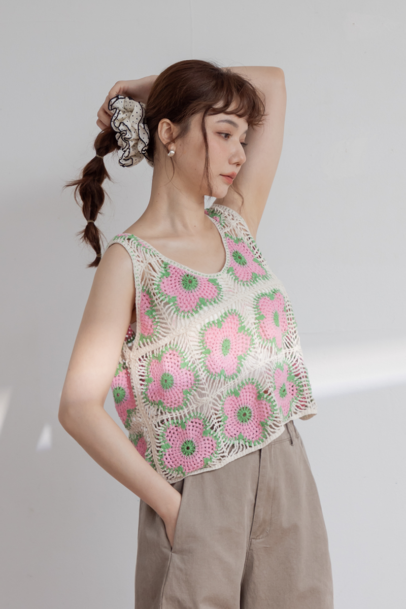 撞色花花短版編織背心