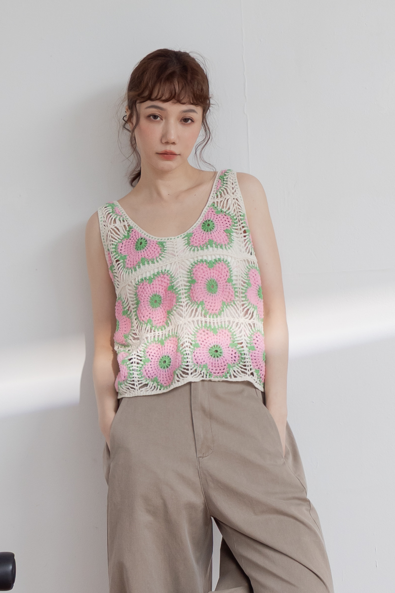 撞色花花短版編織背心