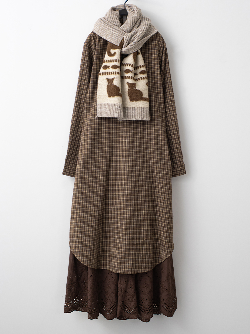 輕磨毛格紋洋裝繡花寬褲