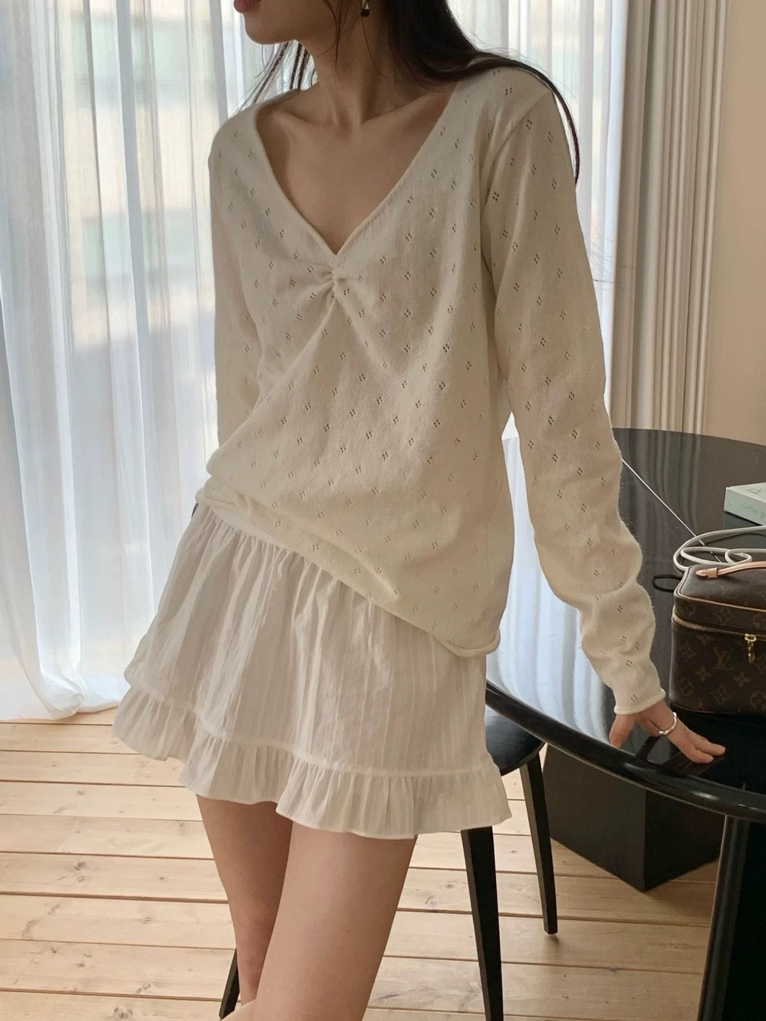 Sheer cashmere v neck knit