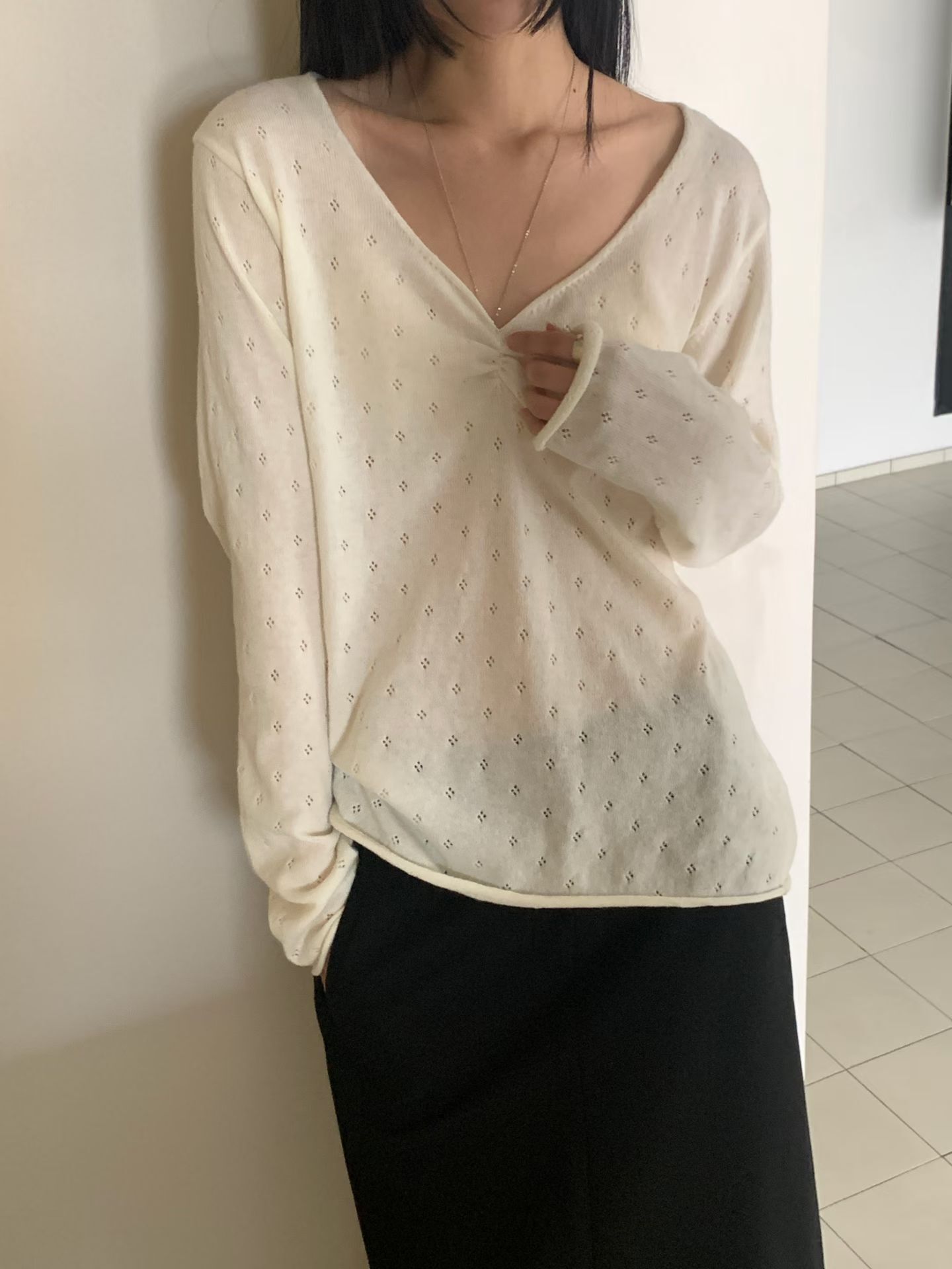 Sheer cashmere v neck knit