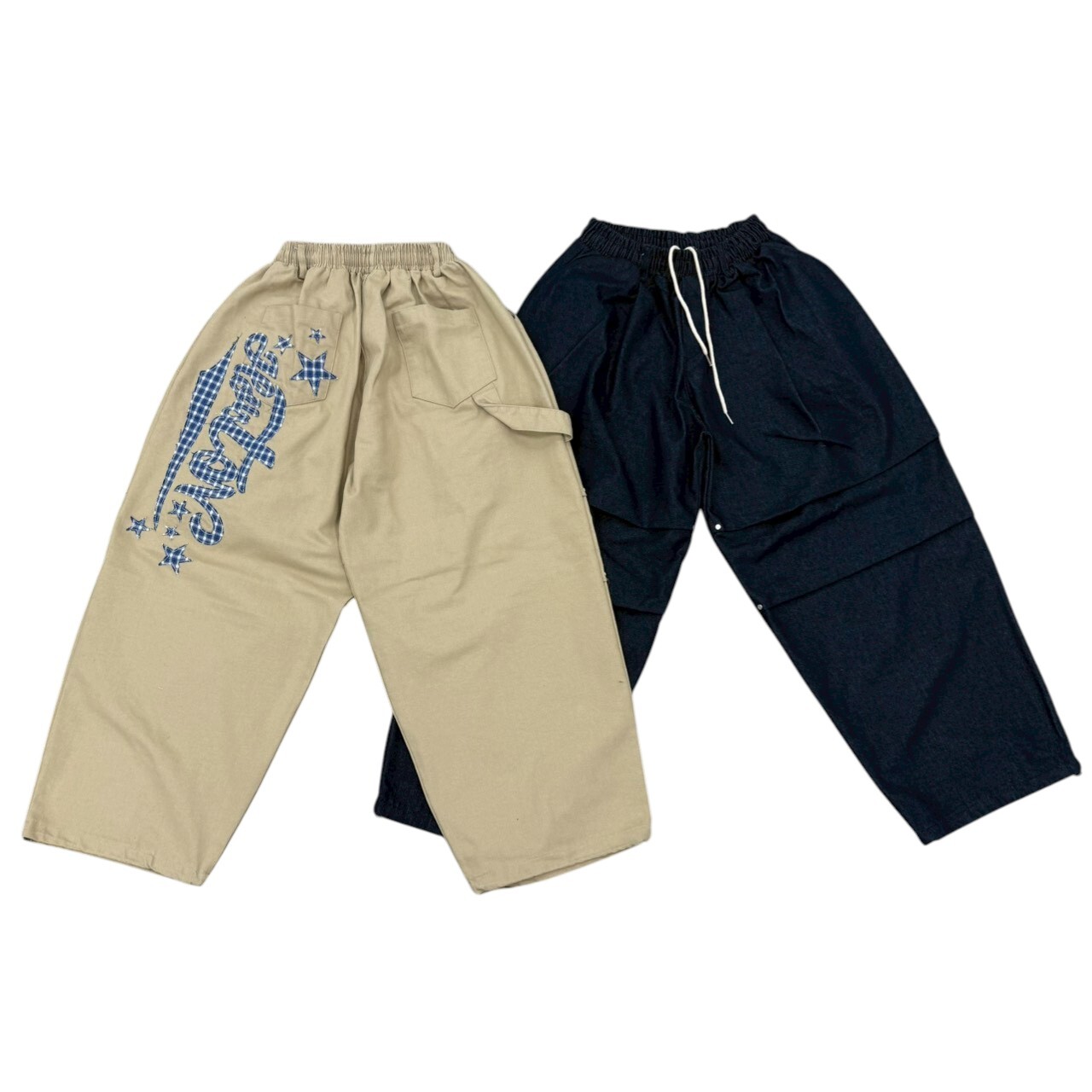 《K》格紋貼布草寫字錐形褲