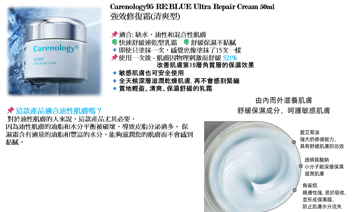 CR260317-R7-Carenology95 RE:BLUE Ultra Repair Cream 50ml-(EXP-19/8/2028)
