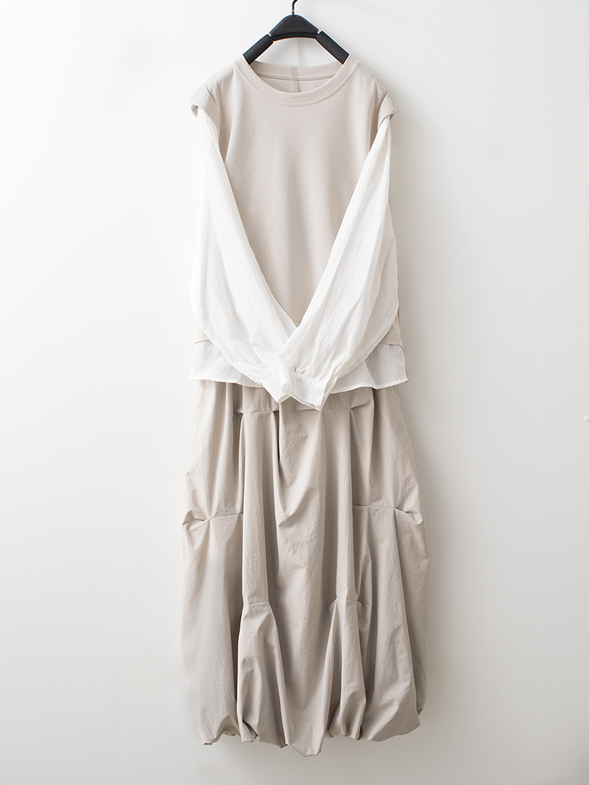 拼接仿兩件式上衣自然抓皺氣球感花苞長裙組合