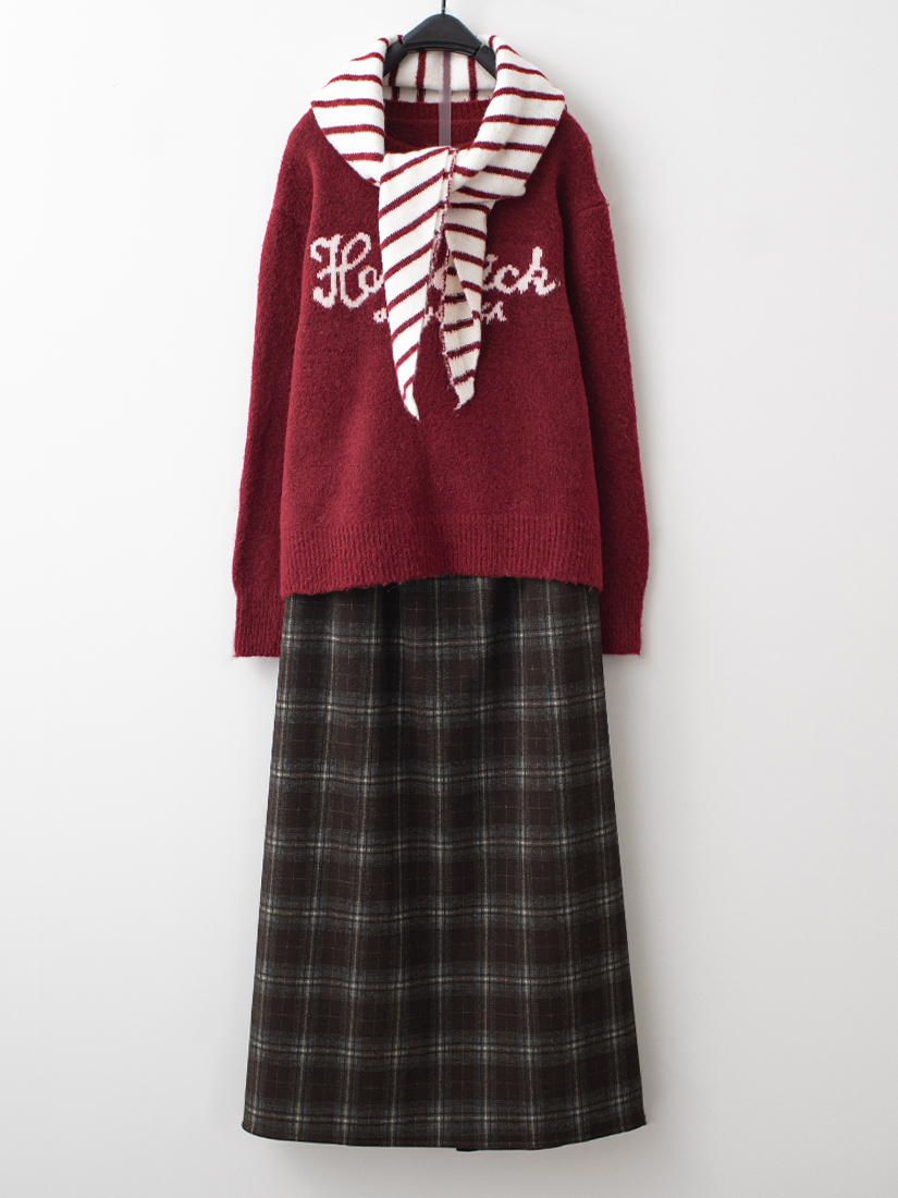 條紋披肩針織上衣格紋內絨毛開衩長裙組合