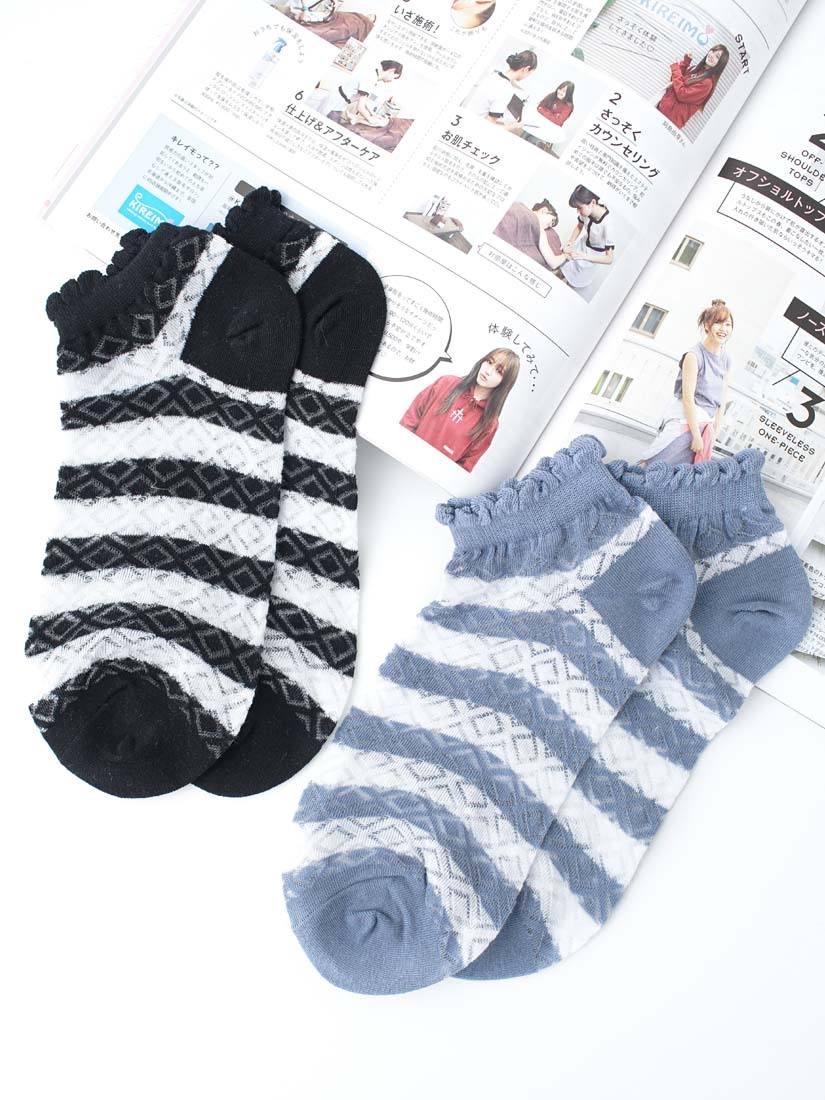 木耳邊條紋簍空短襪(2色)