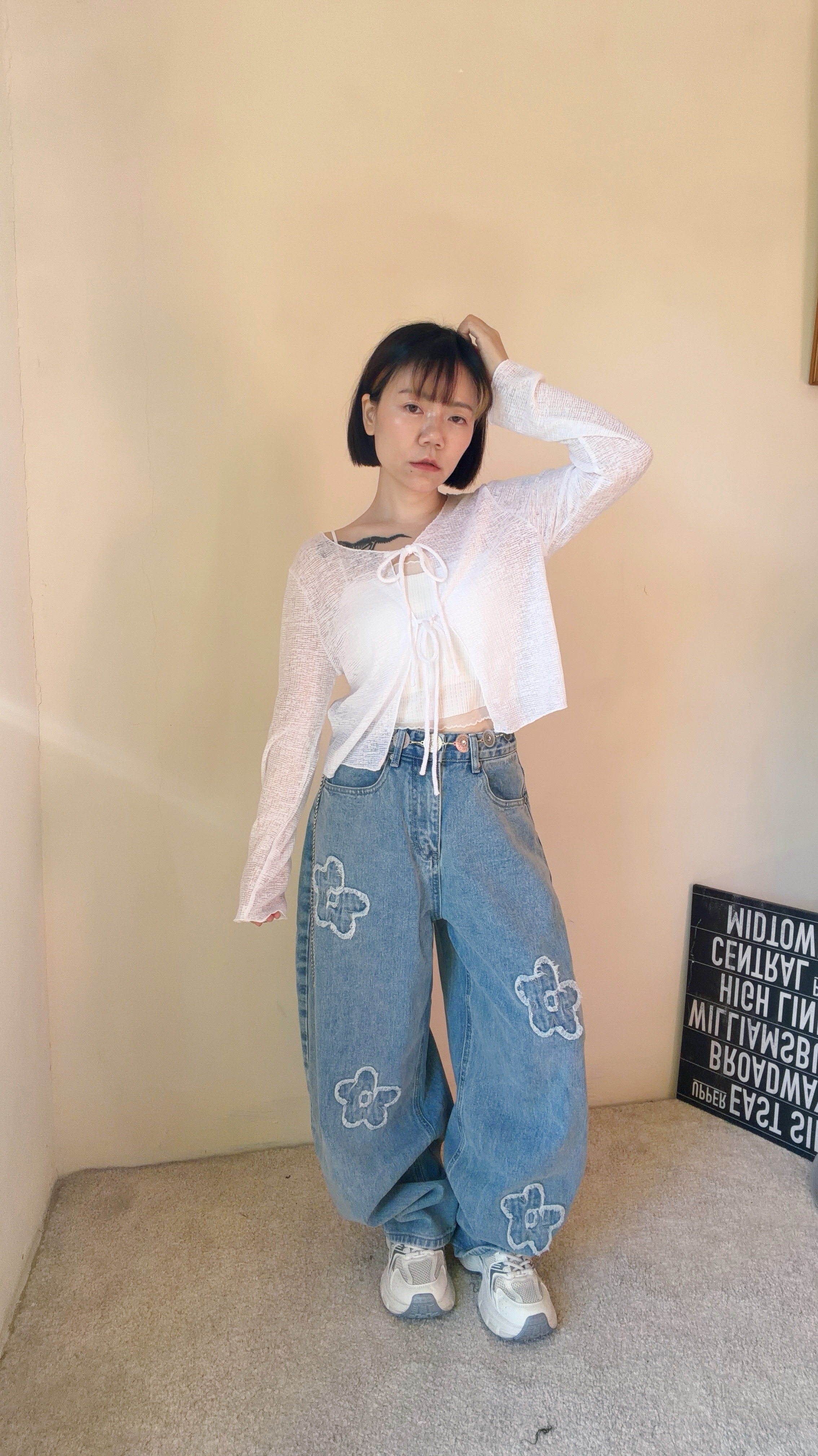 超Q小花牛仔彎刀褲